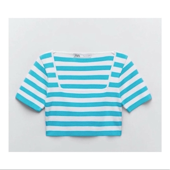 Zara Blue & White Striped Crop Top, NWOT Size L - Picture 4 of 7
